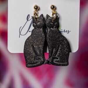 Galactic Captures Sparkling Black Cat Polymer Clay Post Earrings